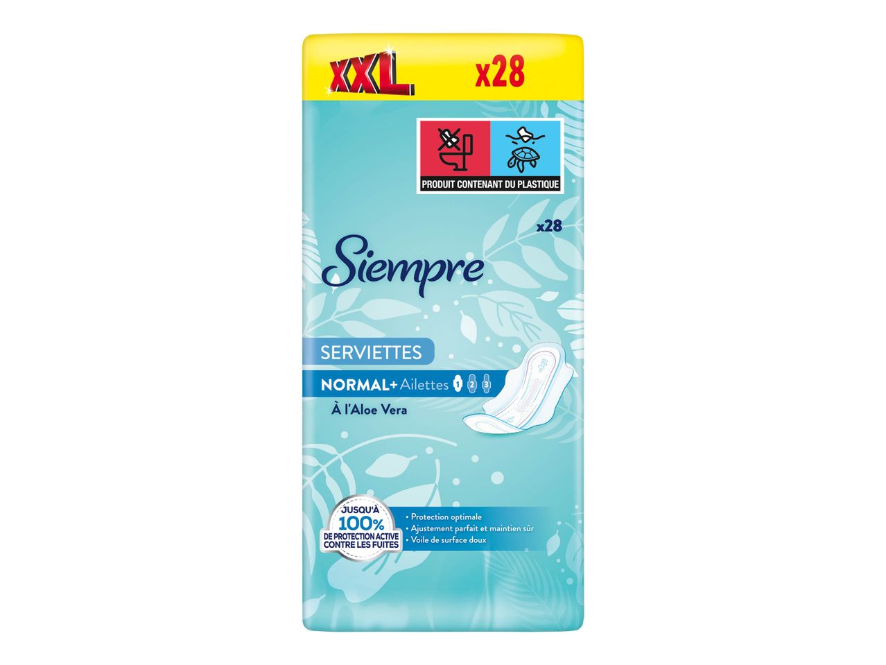 Serviettes hygiéniques Siempre XXL normales avec ailes, aloe vera, 28 unités.