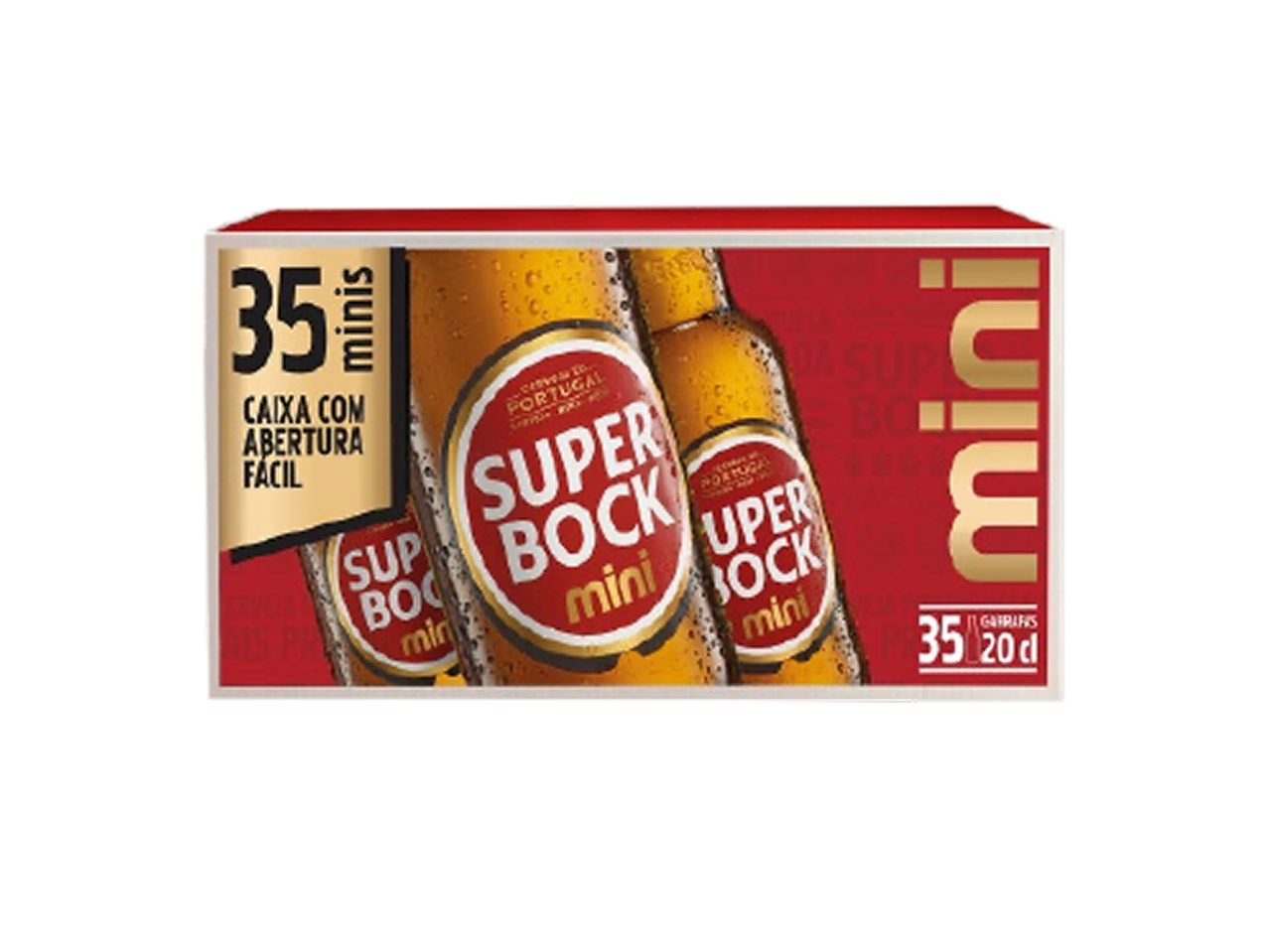 Caixa de 35 garrafas de cerveja mini, com abertura fácil, cada uma com 20 cl.