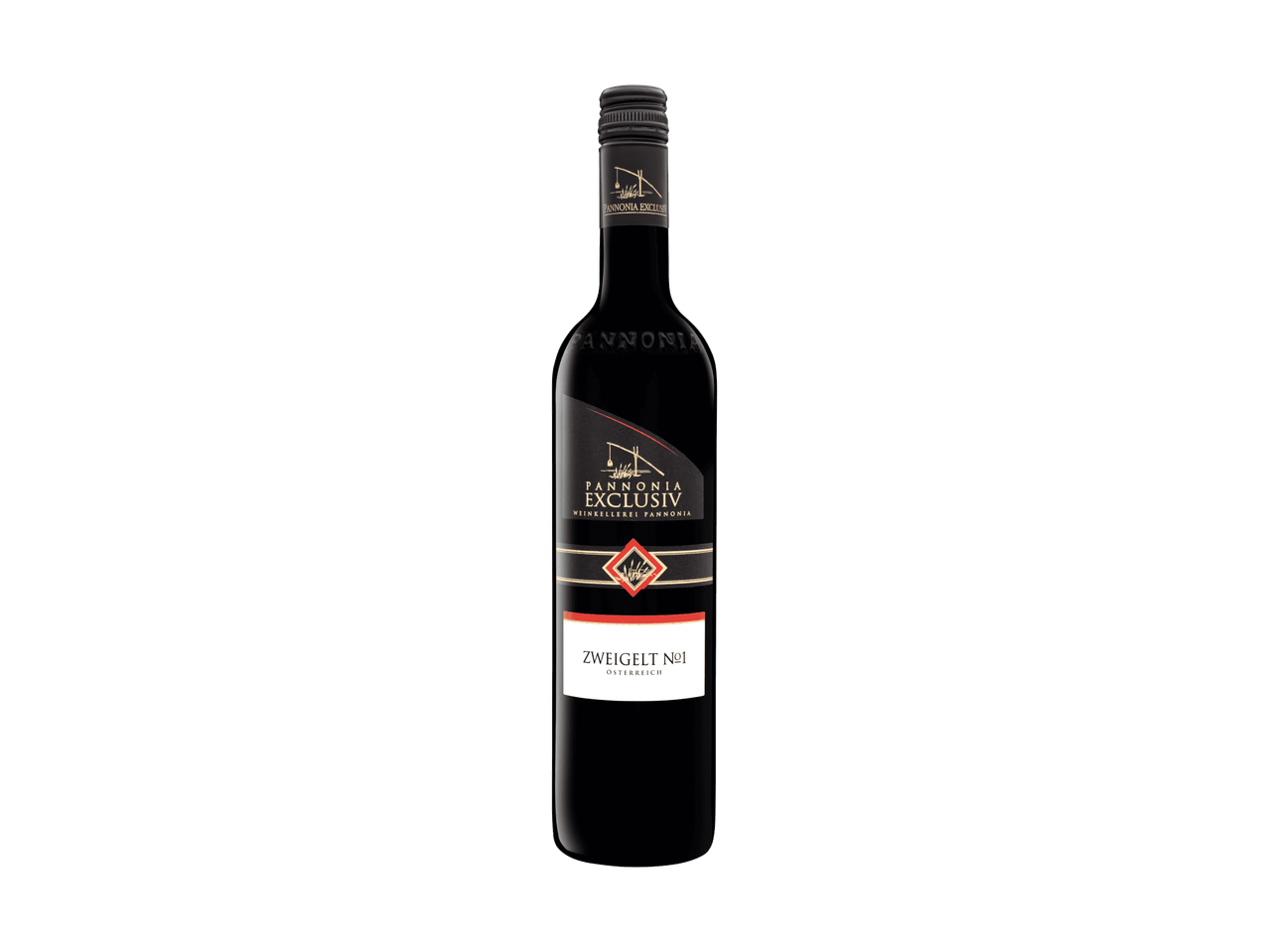 Una bottiglia di vino rosso Zweigelt N°1 con etichetta nera e dettagli dorati.