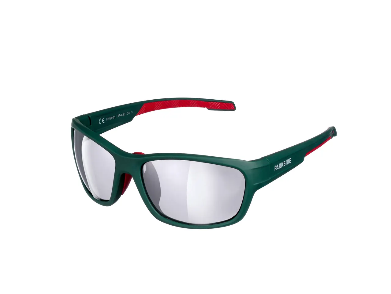 Occhiali da sole sportivi verdi e rossi con lenti a specchio e marchio Parkside.