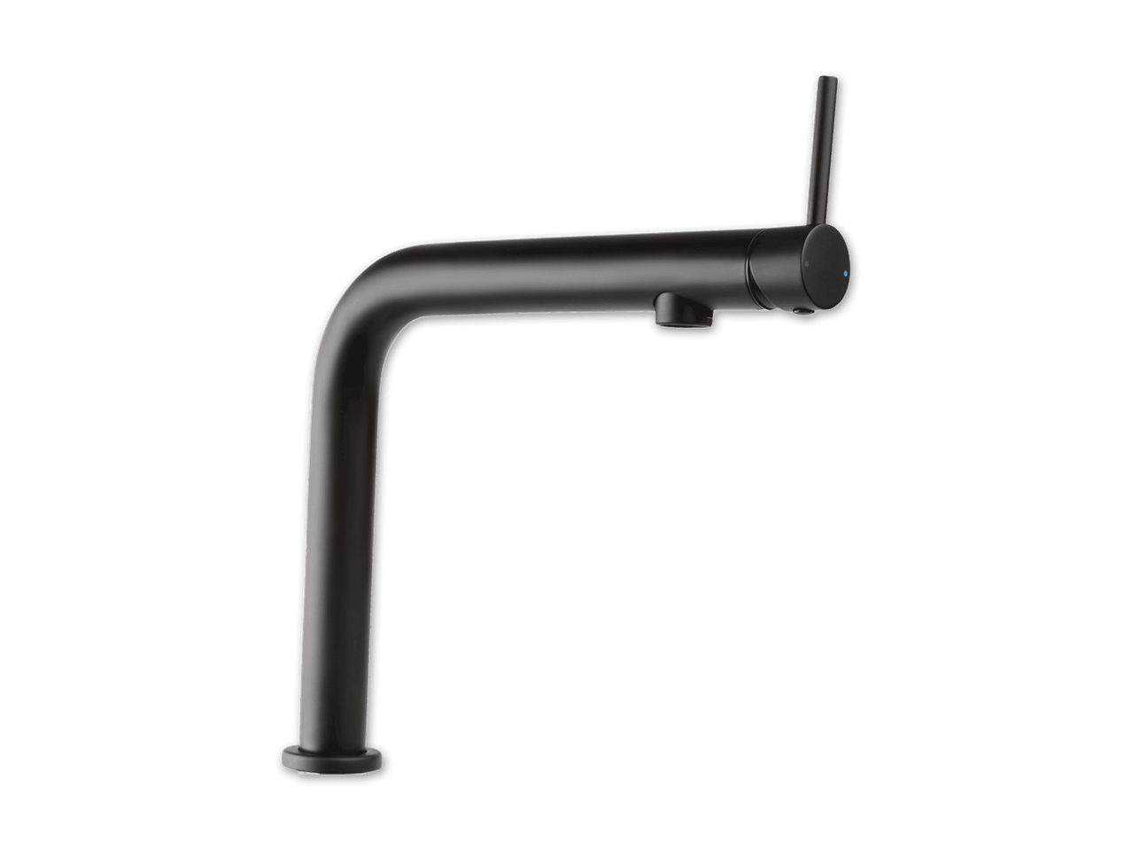 Schwarzer, gebogener Küchenwasserhahn.