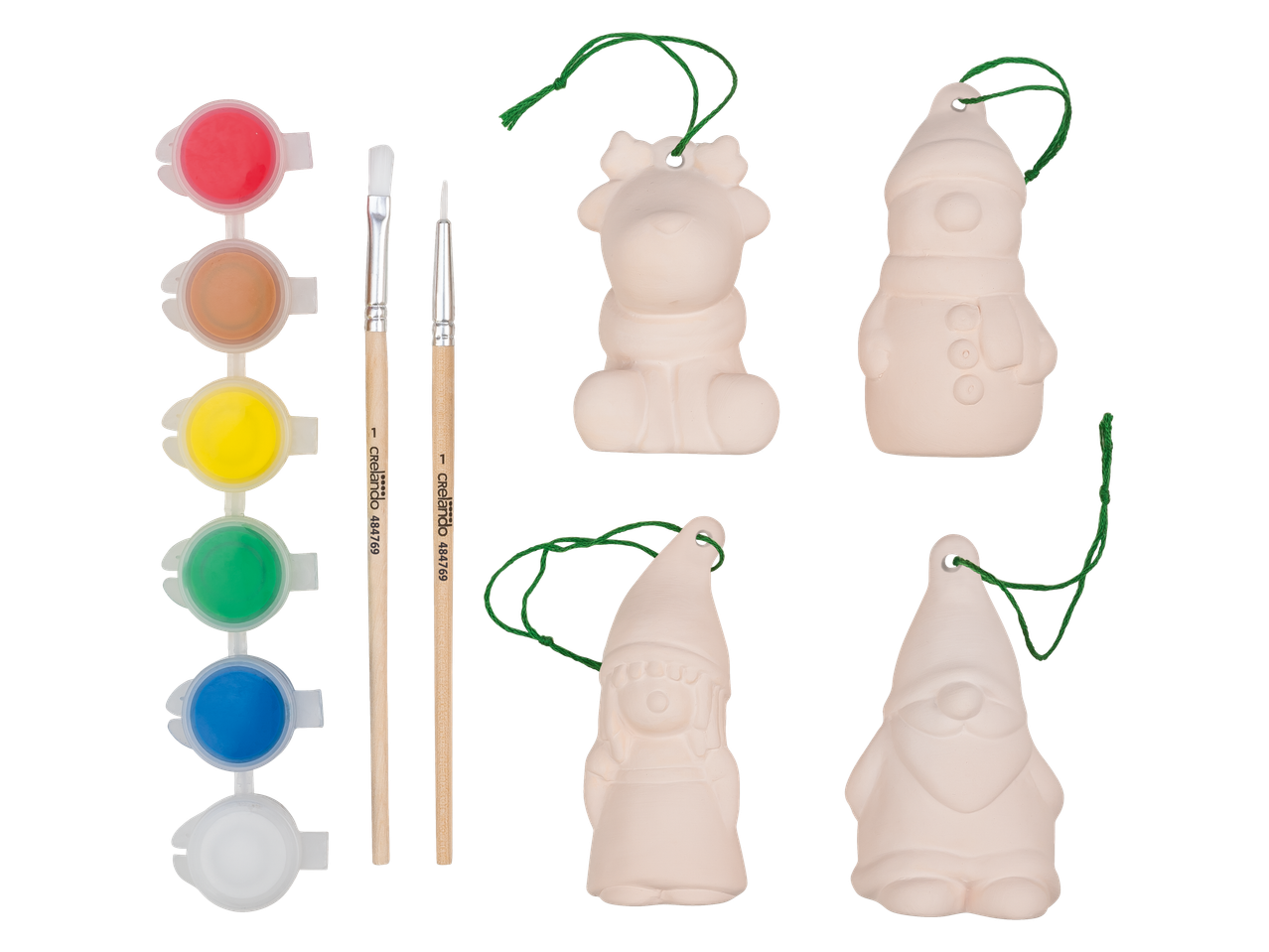 Crelando® Krāso savus rotājumus komplekts: krāsas, otas un 4 keramikas rotājumi.