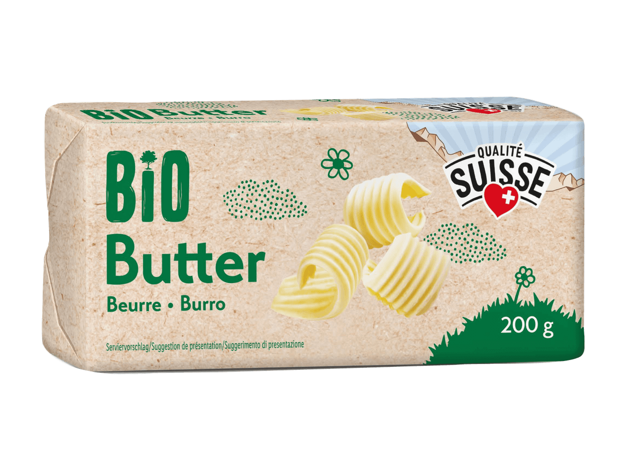 Confezione di burro biologico con riccioli di burro e indicazione di qualità svizzera.