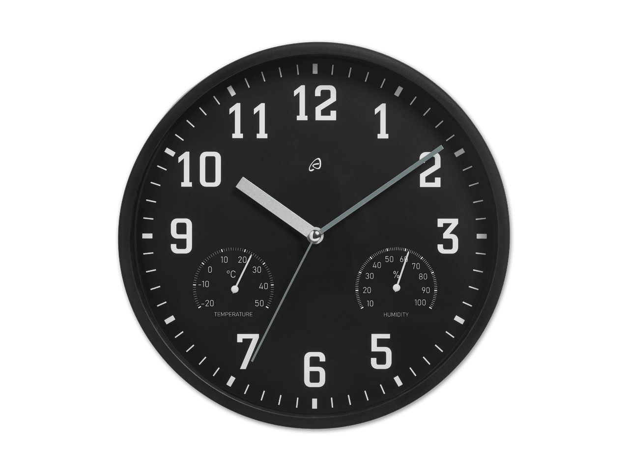 Eine schwarze Uhr mit integrierten Thermometern für Innen- und Außentemperatur.