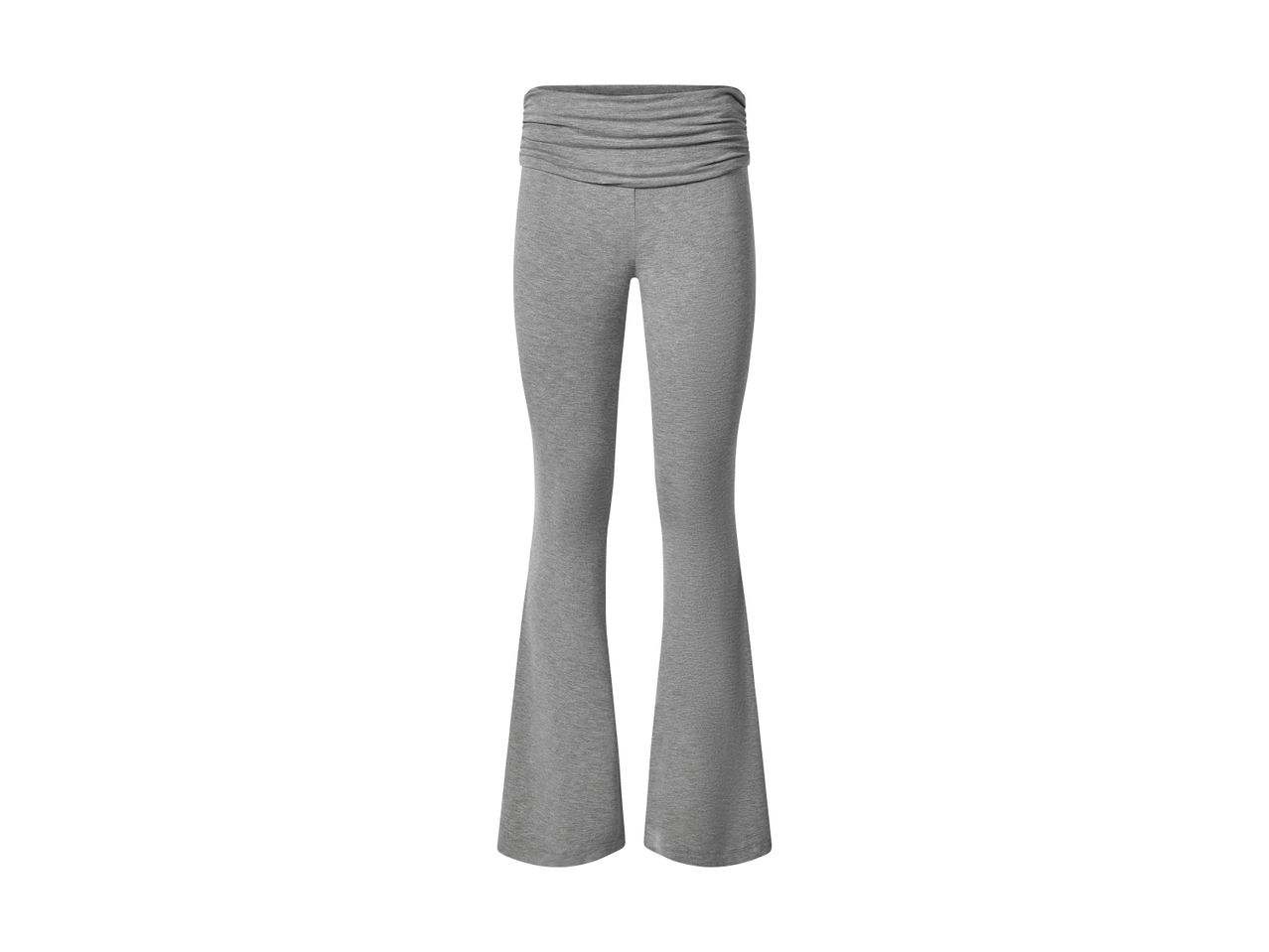 Grey flared yoga pants with a ruched waistband