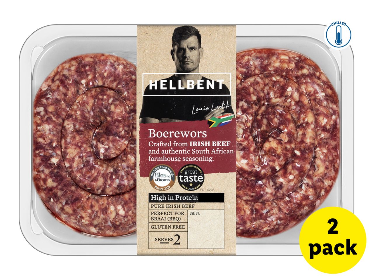 Two packs of chilled boerewors, crafted from Irish beef with South African seasoning.
