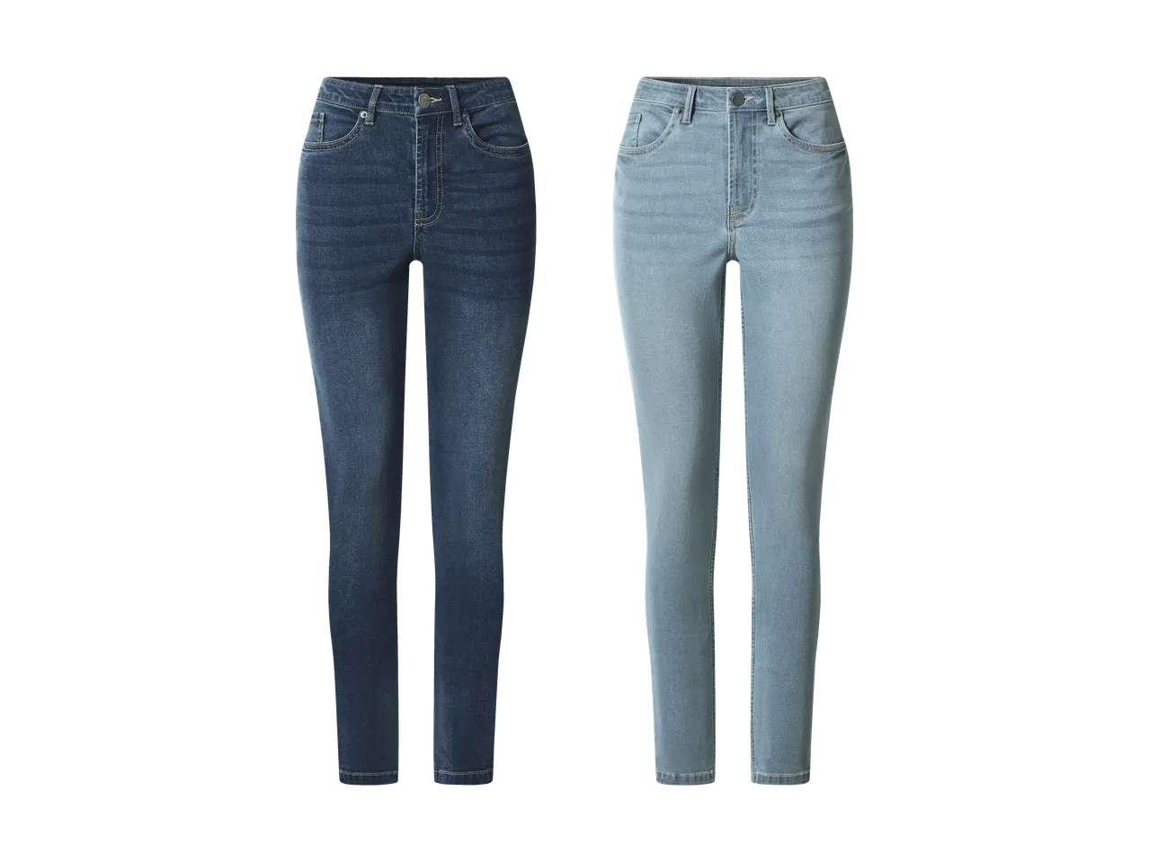 Zwei Skinny-Jeans für Damen, eine dunkelblaue und eine hellblaue, auf schwarzem Hintergrund.