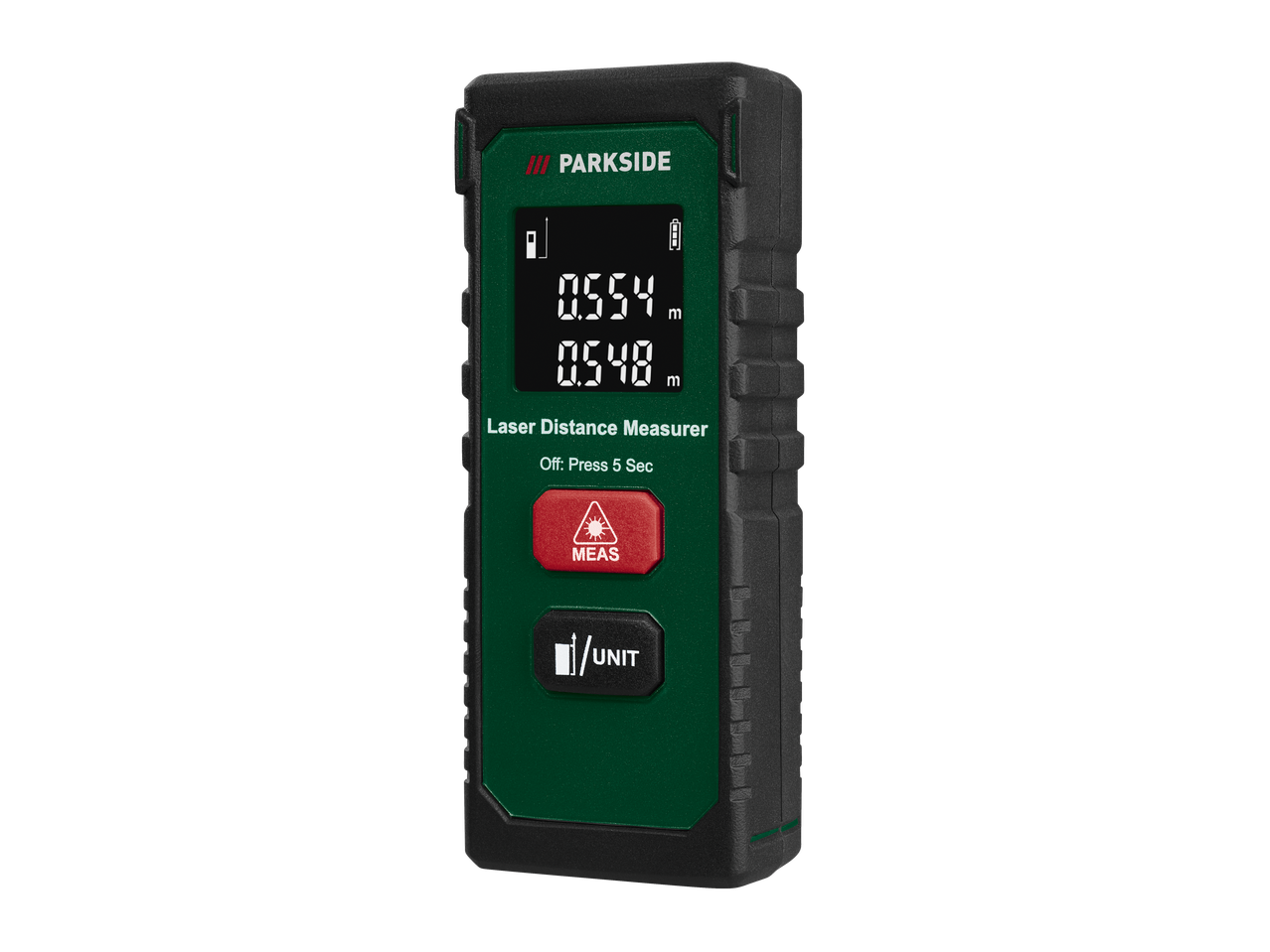 PARKSIDE laser-kaugusmõõtja digitaalse ekraaniga, mis näitab mõõtmisi 0,554 m ja 0,548 m.