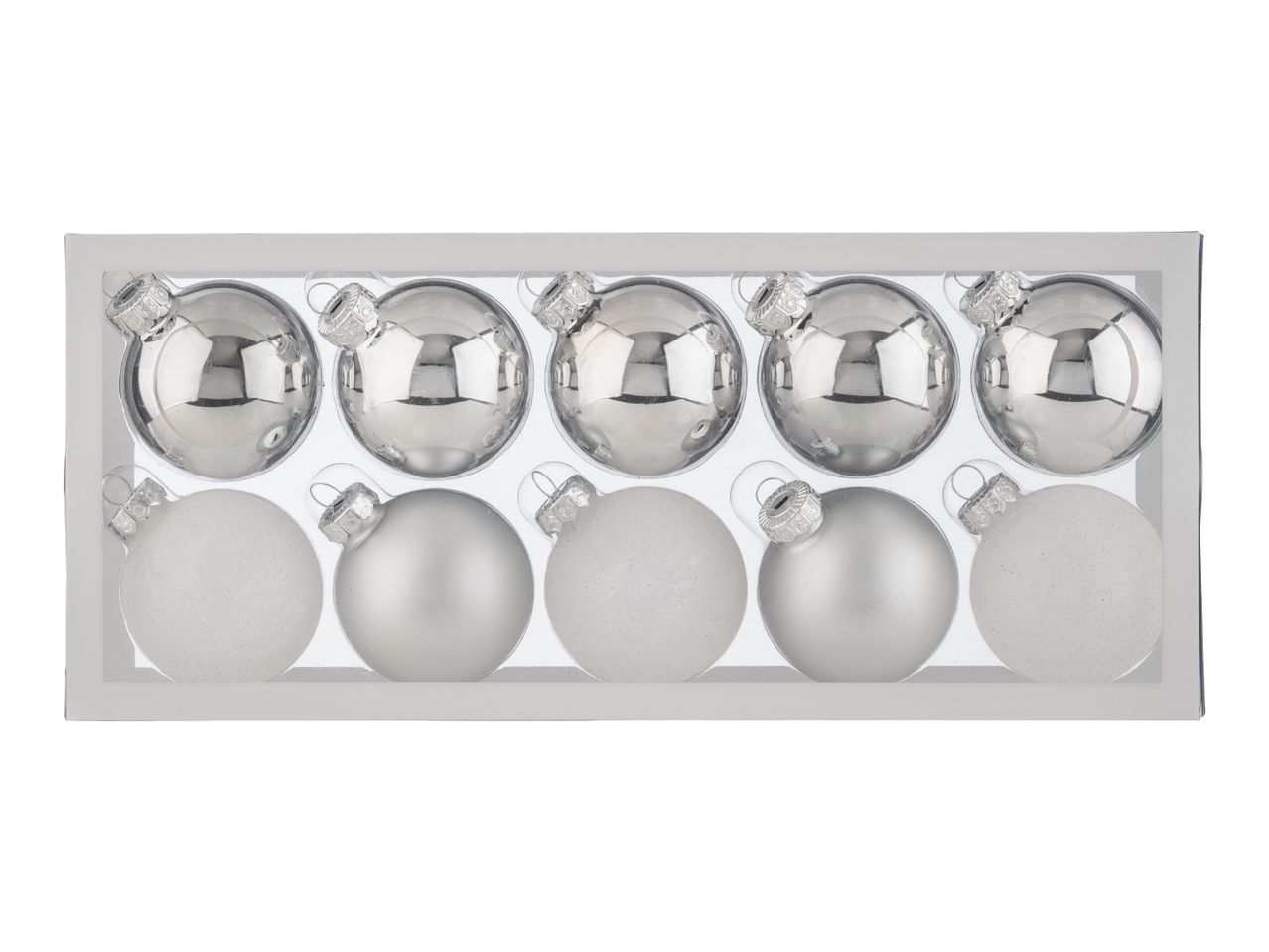 A box of ten silver Christmas baubles, five shiny and five matte/glittery.