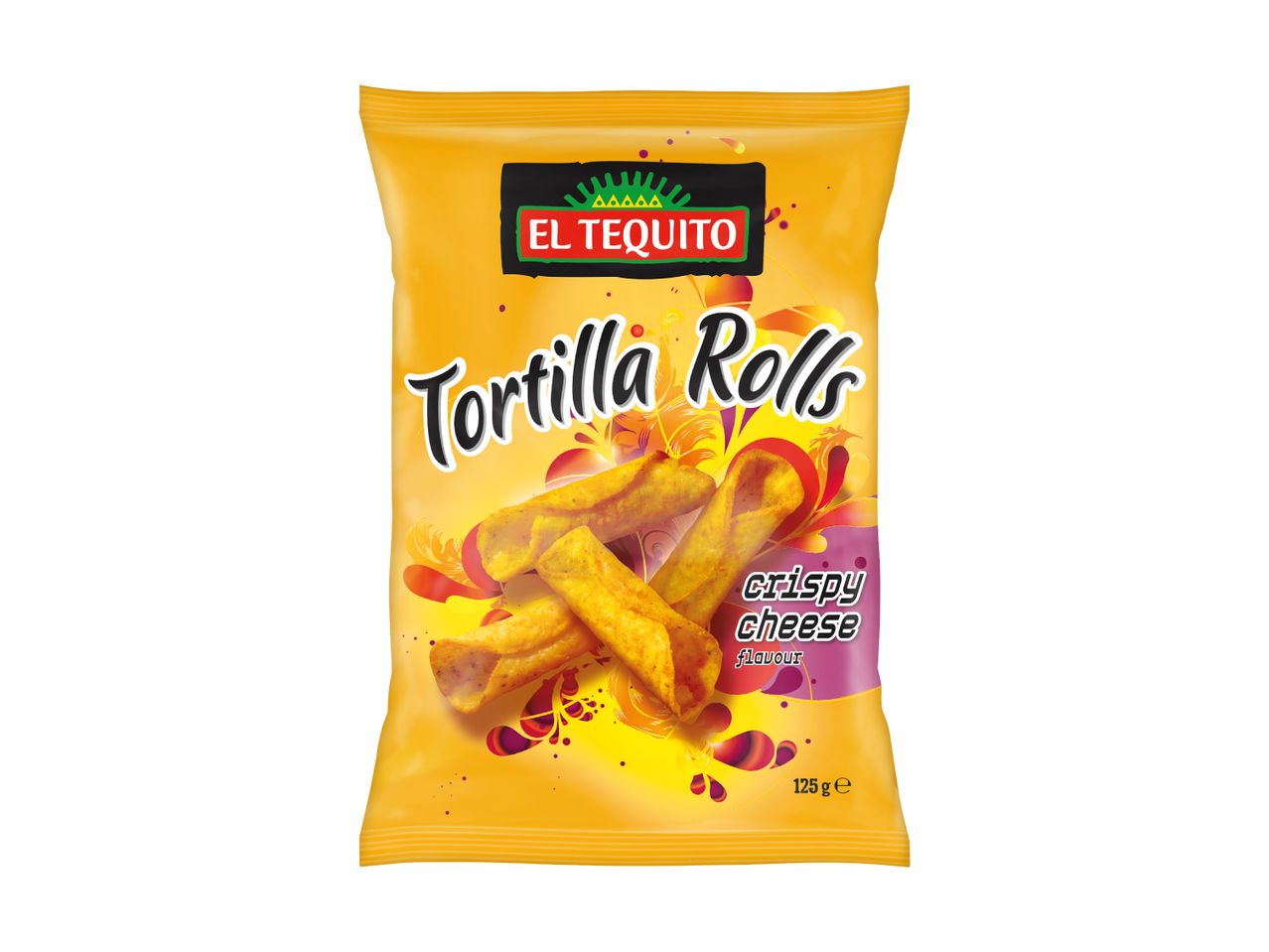 Yellow bag of crispy cheese tortilla rolls with red and purple accents, 125g.