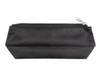A black pencil case with a silver zipper on a white background.