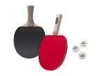 Two table tennis rackets, one black and one red, with three white table tennis balls.