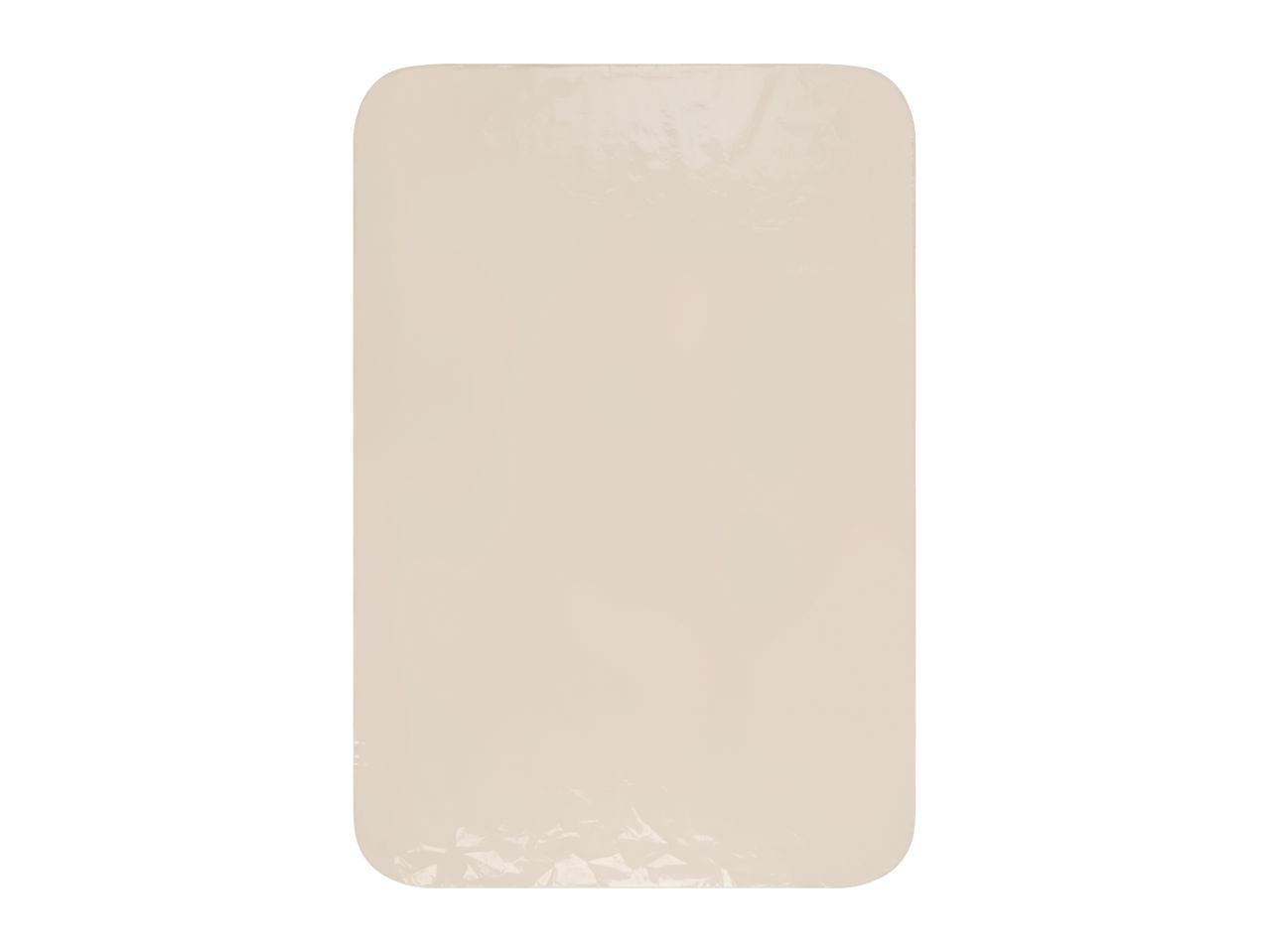 A rectangular, light beige soap bar with rounded corners, wrapped in clear plastic.