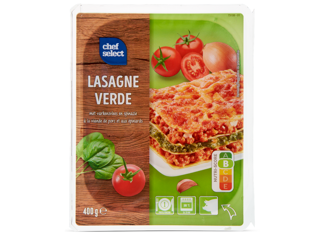 Chef Select Lasagne Verde, een diepvriesmaaltijd met varkensvlees en spinazie.