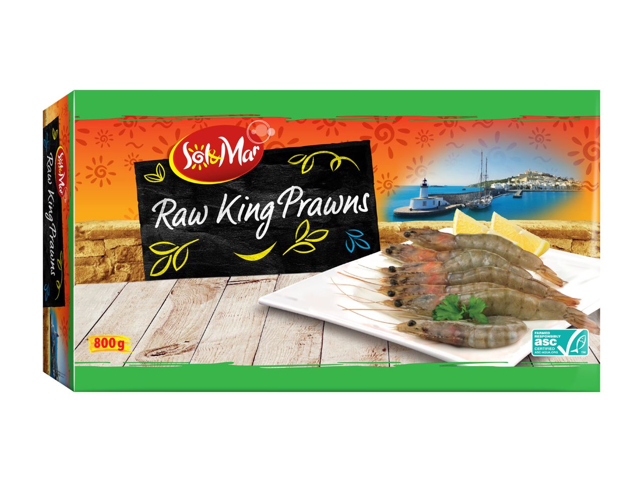 Packaging for raw king prawns, 800g, with a Mediterranean-themed design and ASC certification.