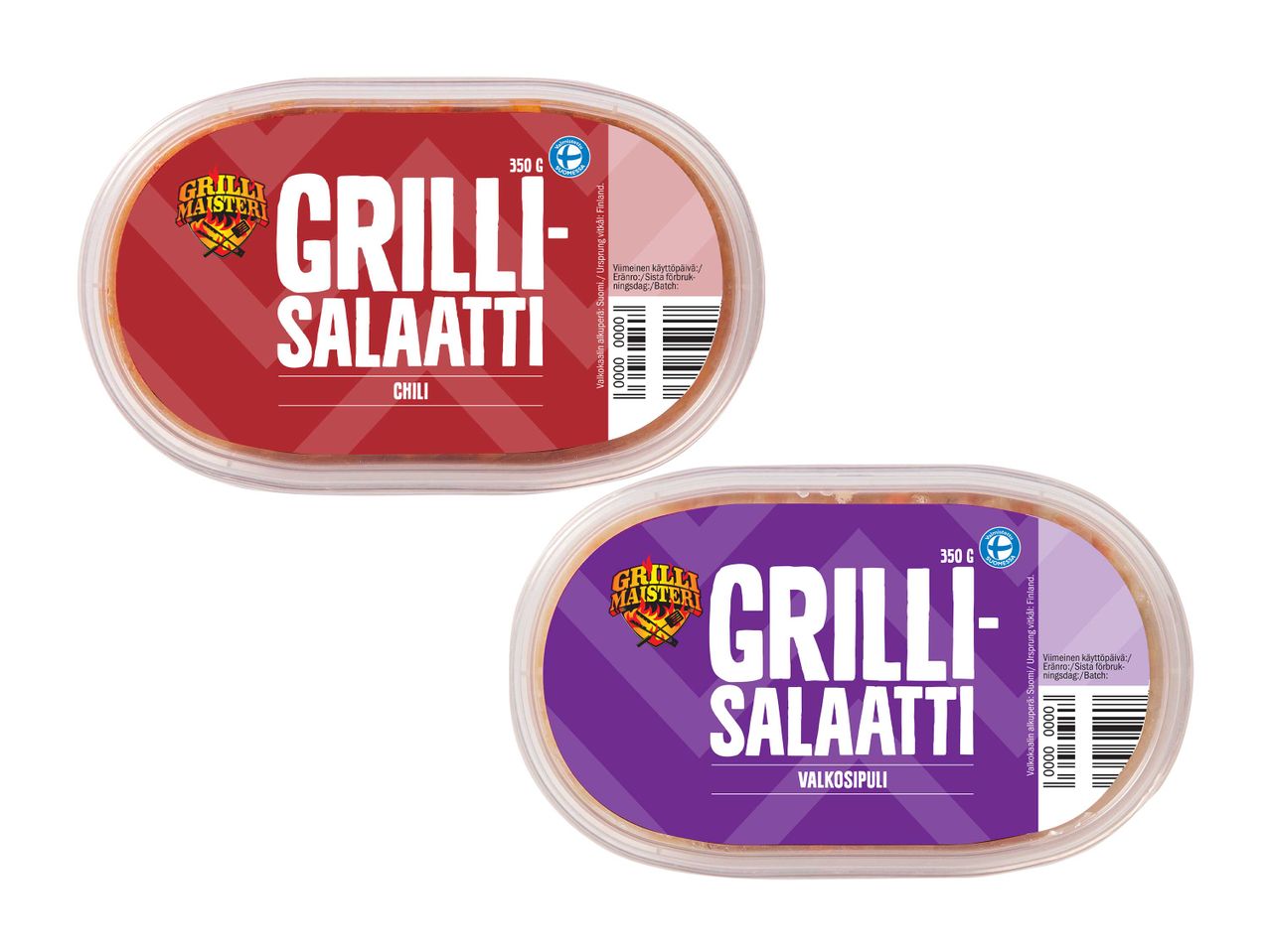 Kaksi Grillisalaatti-astiaa, toinen punainen ja toinen violetti.