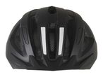 Rear view of a black bicycle helmet with reflective strips and ventilation grilles.