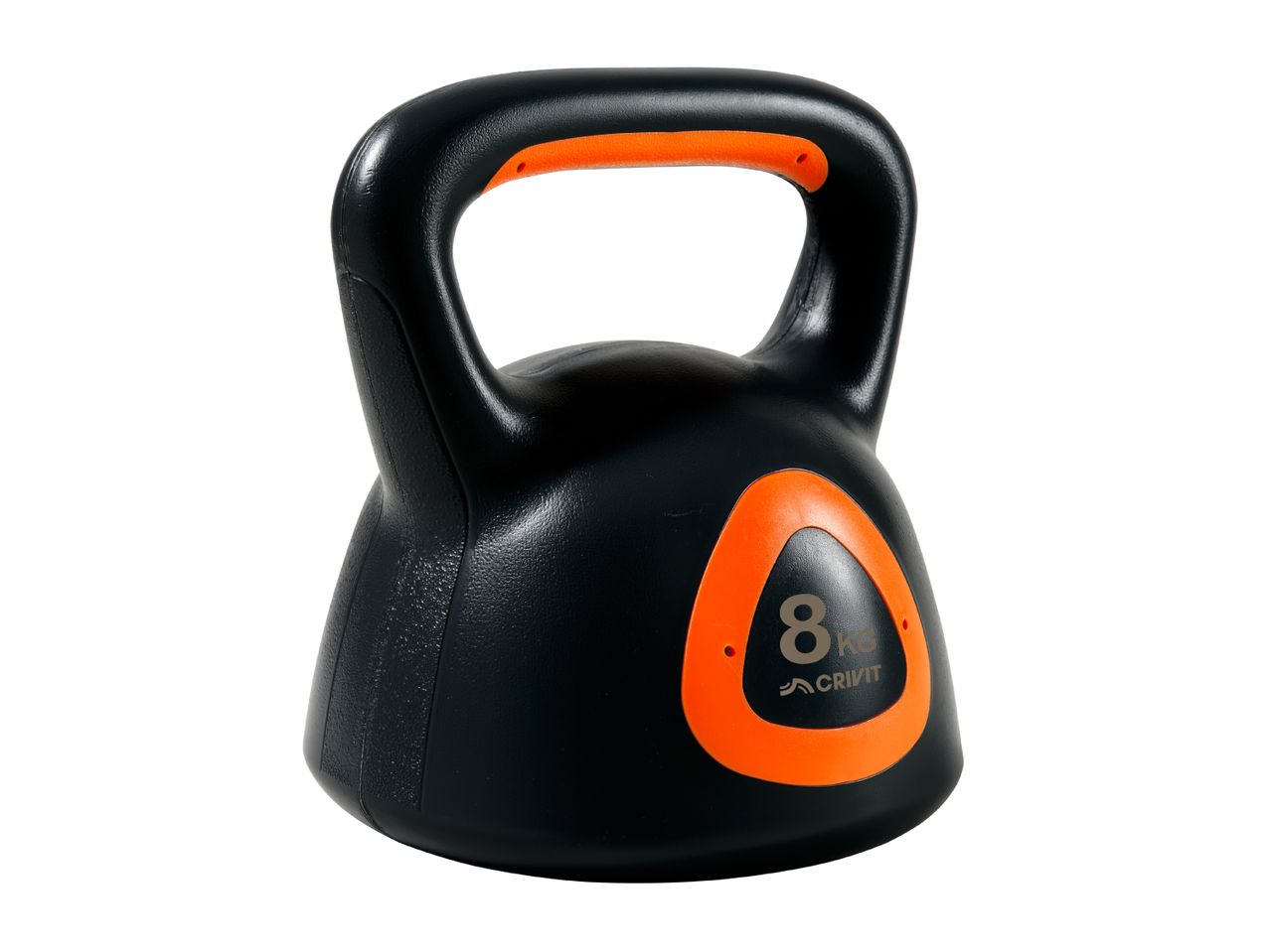 Black kettlebell with orange accents, 8 kg weight indicated on the side.