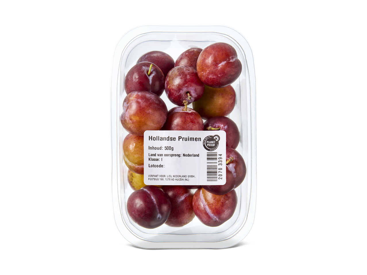 Een doorzichtige verpakking met Hollandse pruimen, 500g, klasse I.
