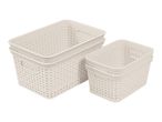 Stackable beige plastic storage baskets with woven design.