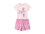 Lyserødt nattøjssæt med kortærmet t-shirt og shorts med blomsterprint og tegneseriehunde.