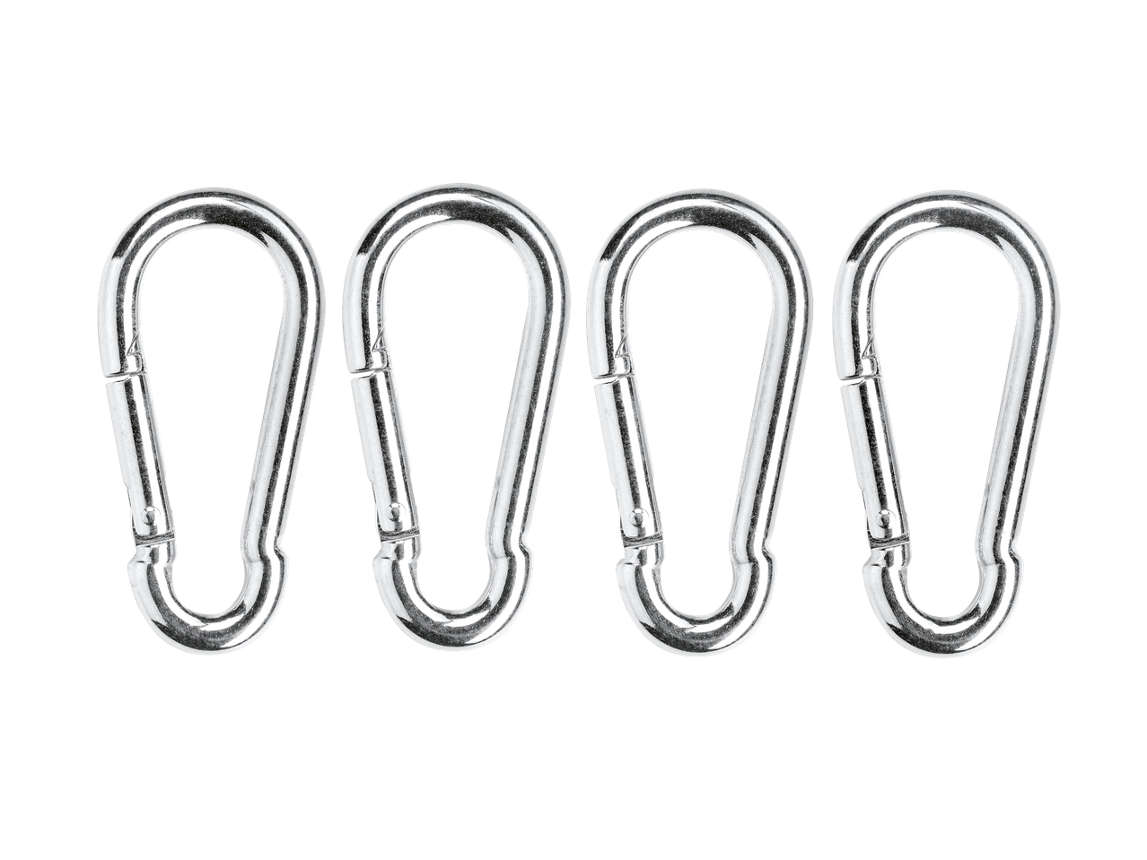 Four silver carabiner clips are lined up against a black background.