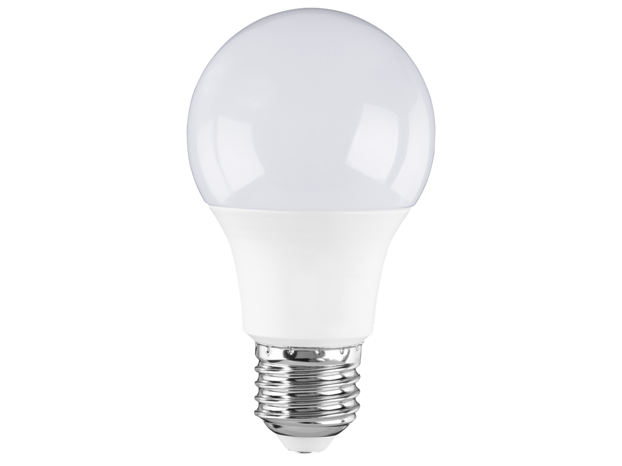 Енергоспестяваща LED крушка с бял матов дифузер и сребриста основа.