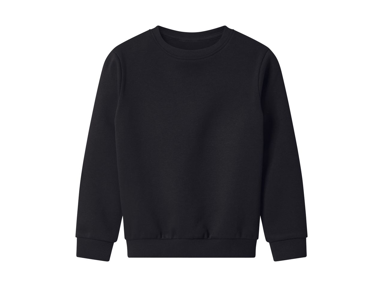 Black crew neck sweatshirt with ribbed cuffs and hem, laid flat.