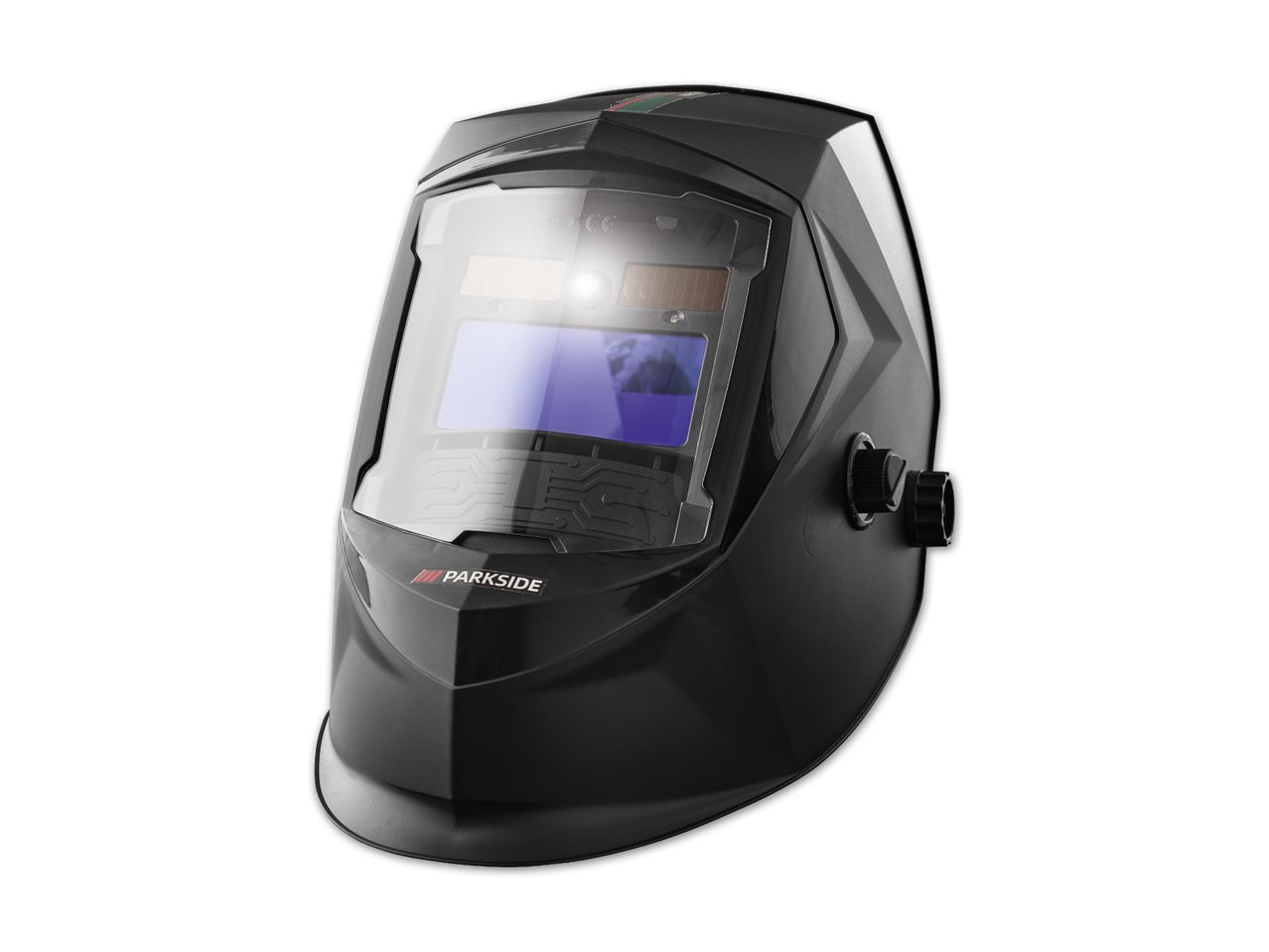 Eine schwarze Parkside Schweißerschutzmaske mit automatischer Abdunkelung.