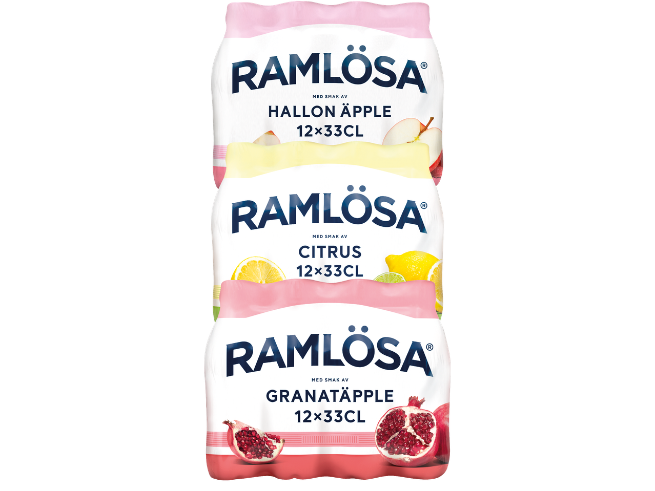 Ramlösa-mix med smakerna hallon-äpple, citrus och granatäpple.
