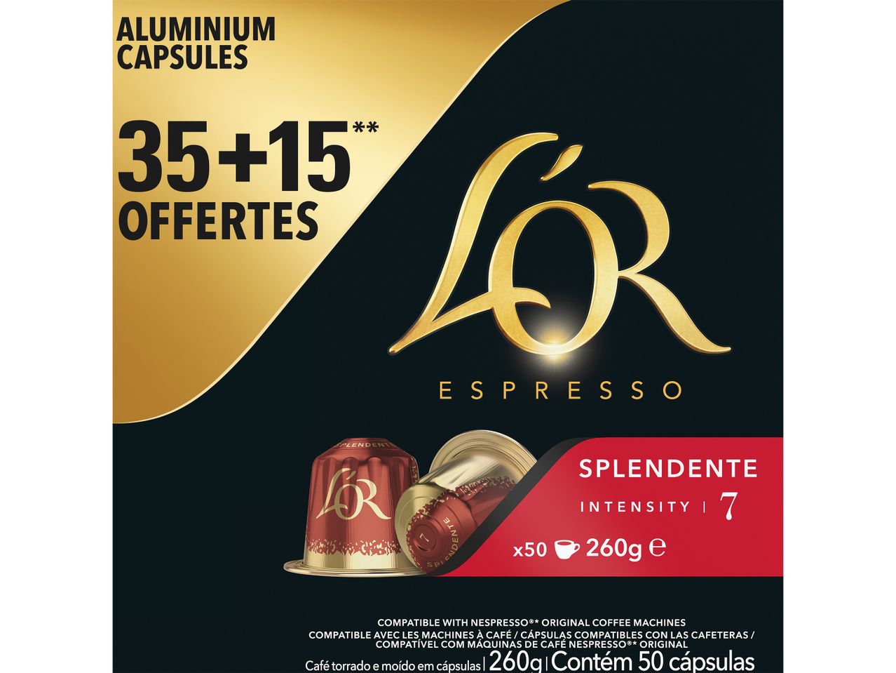 Capsules de café L'OR Espresso Splendente, 35+15 offertes, intensité 7.
