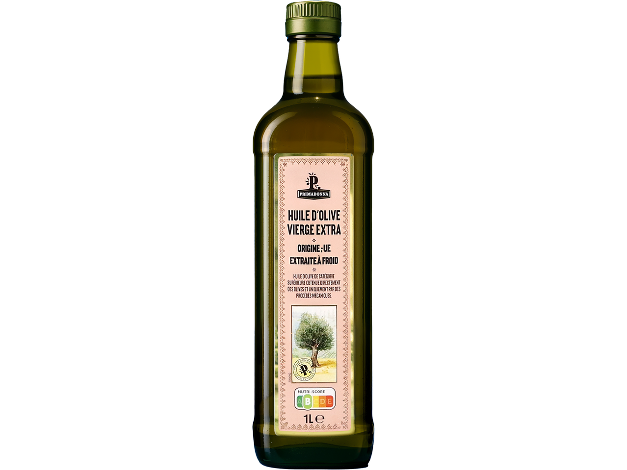 Bouteille d'huile d'olive extra vierge Primadonna de 1 litre avec Nutri-Score A.