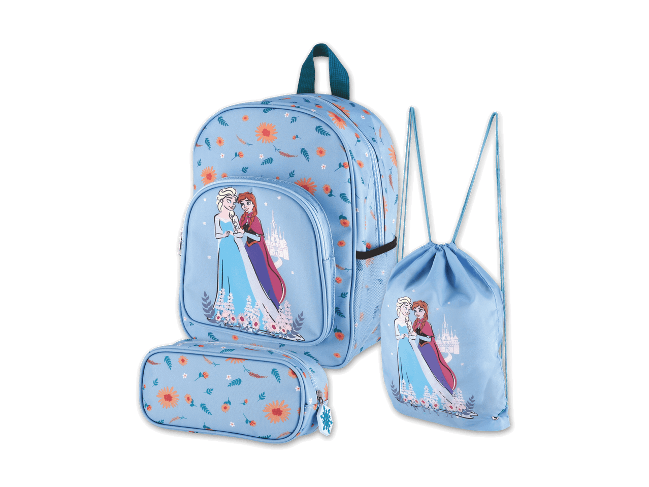 Ein Frozen-Schulranzen-Set mit Rucksack, Turnbeutel und Federmäppchen in hellblau mit Blumenmuster.