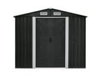 Dark grey metal garden shed with a double door and two vents