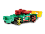 Ein grüner Hot Wheels Rennwagen mit roter und gelber Verzierung.