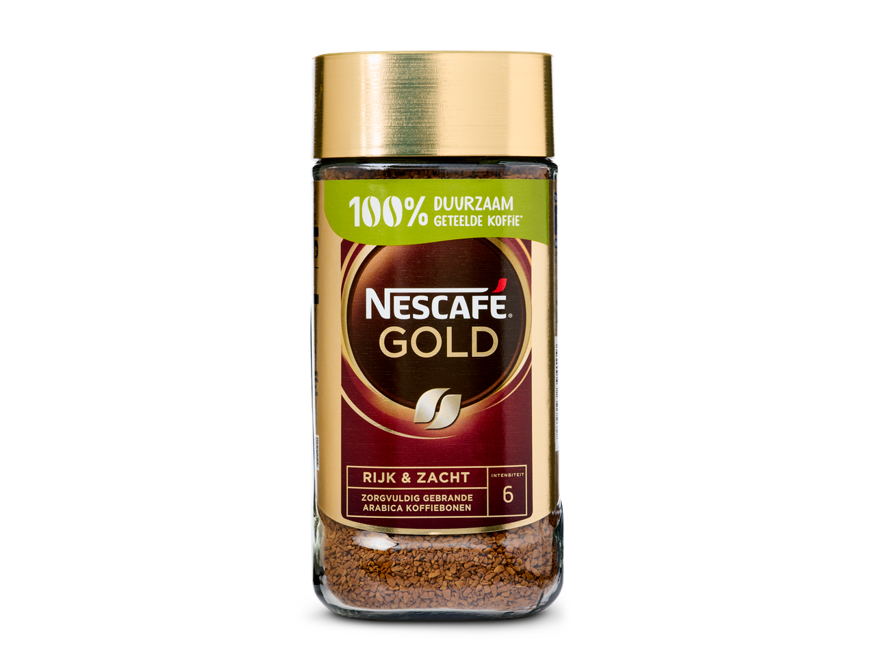 Een pot Nescafé Gold oploskoffie met een gouden deksel.