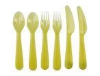 Six pieces of reusable plastic cutlery in a light green color, including two spoons, two forks, and two knives.