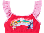 Top de biquíni vermelho para menina com folhos rosa e estampado da Patrulha Pata com arco-íris e texto 'BE HAPPY'.