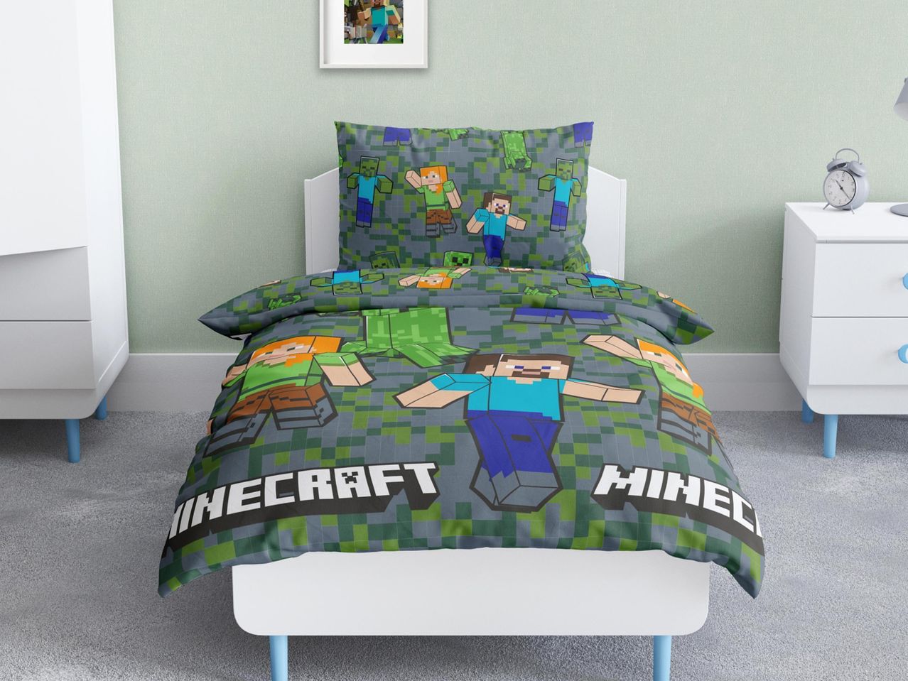Minecraft gyerek ágynemű garnitúra, zöld-szürke kockás mintával.