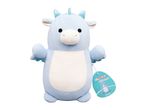 Light blue dragon plush toy with white belly and sparkly blue horns, named Dane.