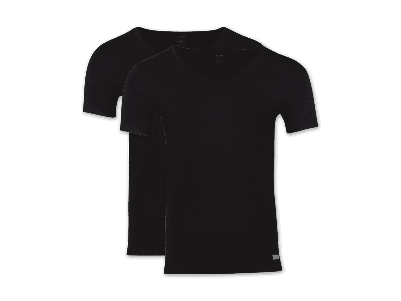 Zwei schwarze V-Ausschnitt-T-Shirts, übereinanderliegend, mit Etiketten am Kragen und Saum.