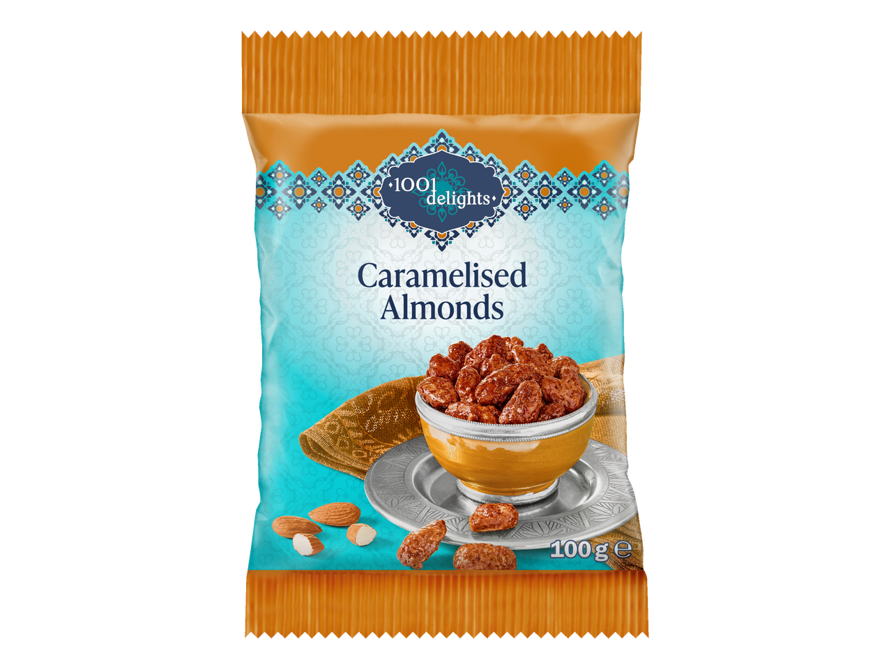 1001 Delights Caramelised Almonds in a vibrant blue and orange pouch, 100g.