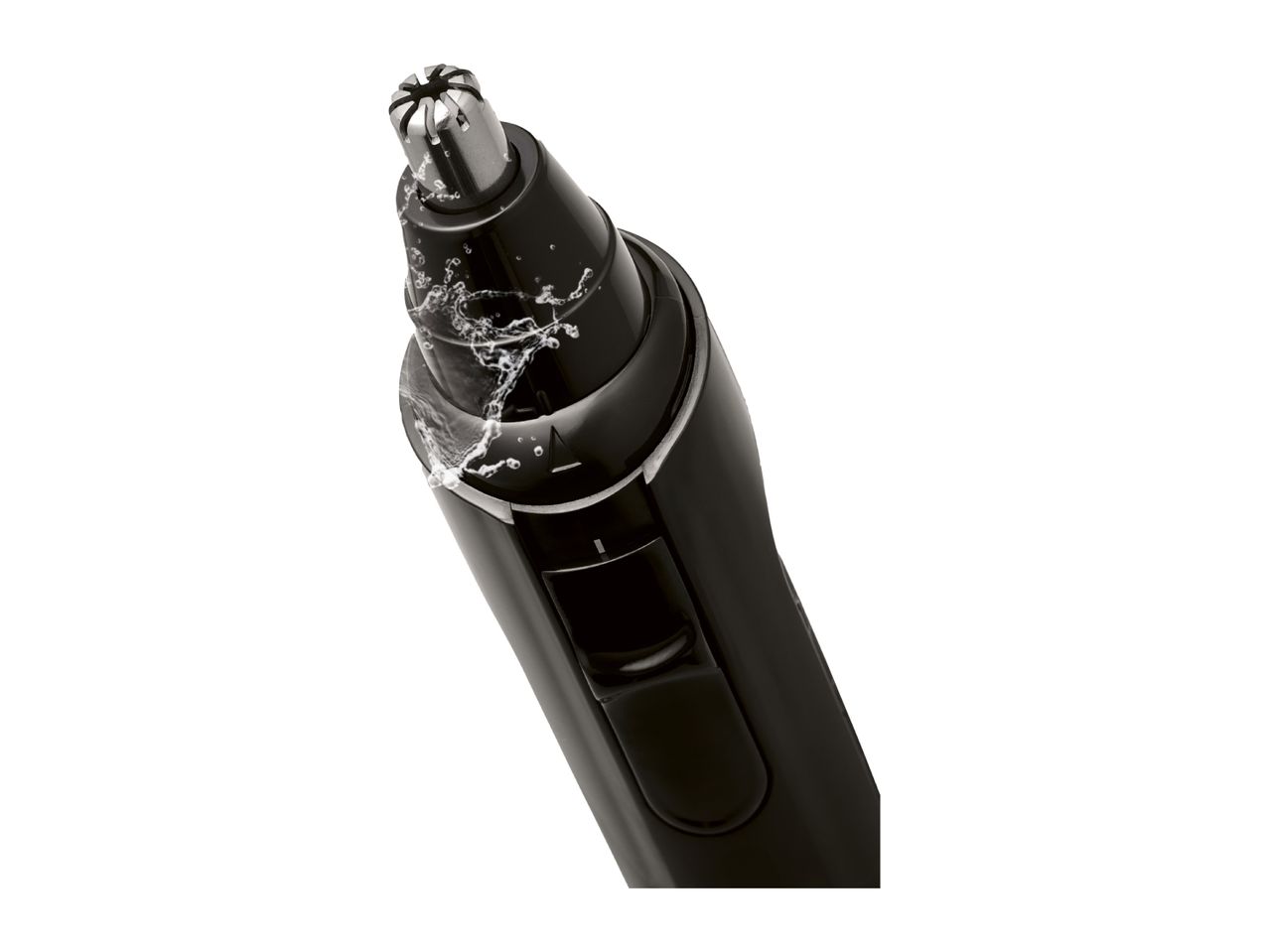 A black, waterproof nose and ear hair trimmer is shown with water splashing around it.