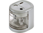 A white electric pencil sharpener with transparent sides, showing the internal mechanism.