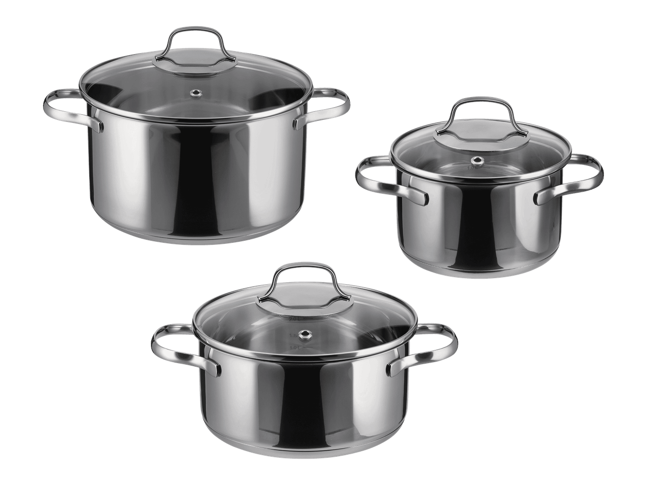 Kolme ruostumattomasta teräksestä valmistettua kattilaa lasikansilla