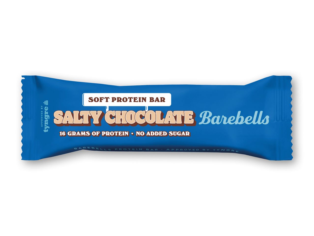 En blå Barebells proteinbar med teksten 'Salty Chocolate' og '16 grams of protein • No added sugar'.