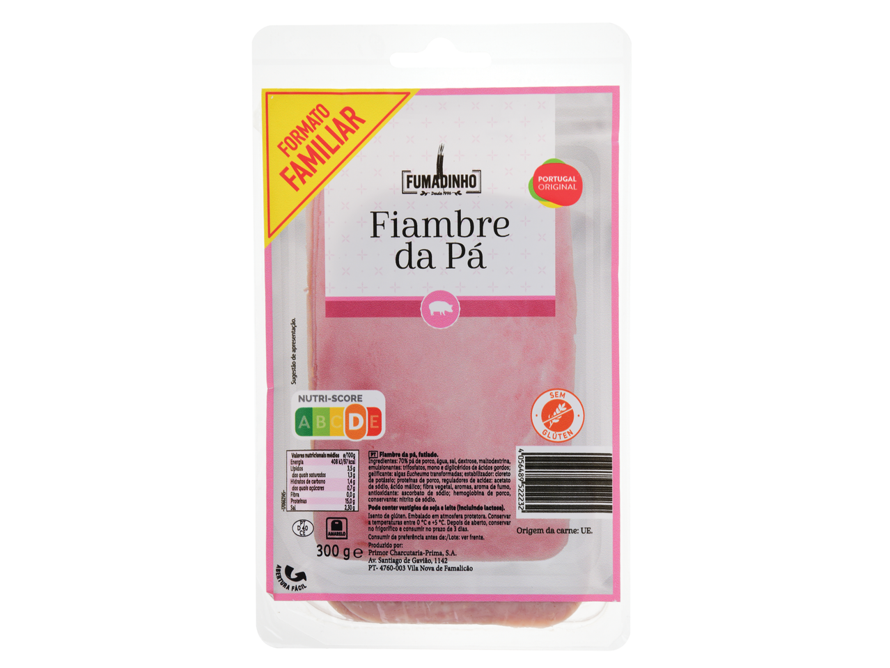 Embalagem de Fiambre da Pá Fumadinho, 300g, formato familiar, sem glúten.