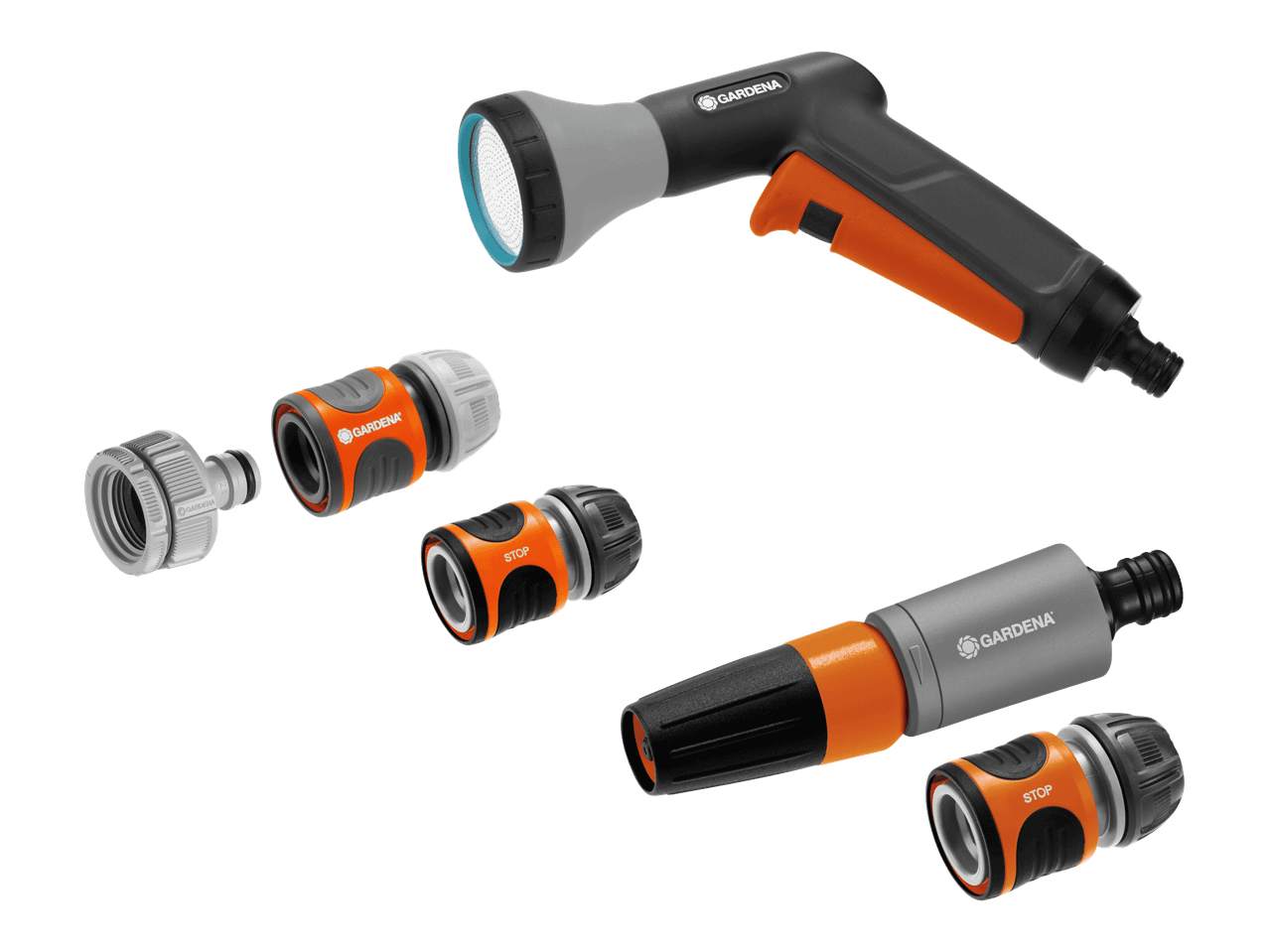 Oranssi ja harmaa puutarhaletkun suutin ja liittimet mustalla taustalla.