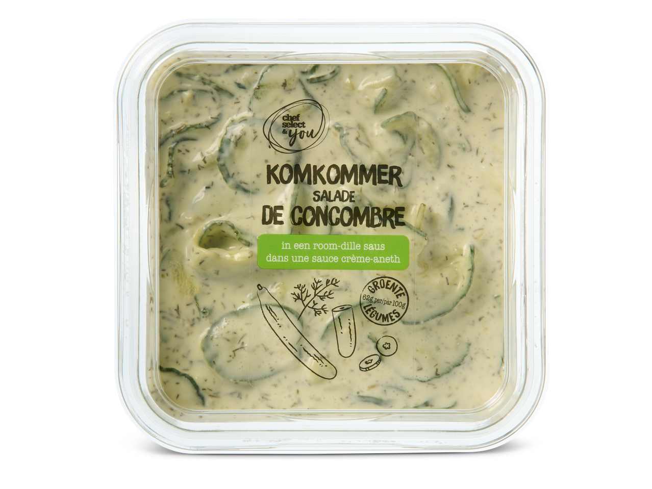 Komkommersalade in een room-dillesaus, met 62g groenten per 100g.