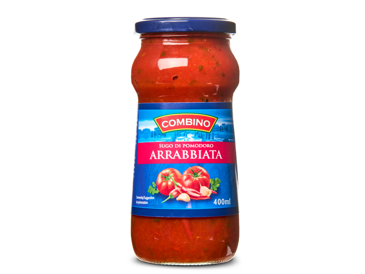 Combino Arrabbiata tomatensaus in een glazen pot.